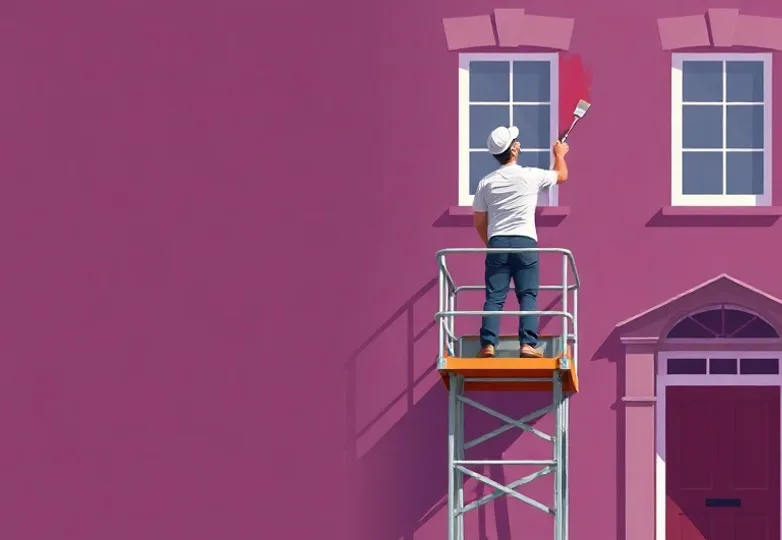 Peintre sur échafaudage traitant la façade d'une maison